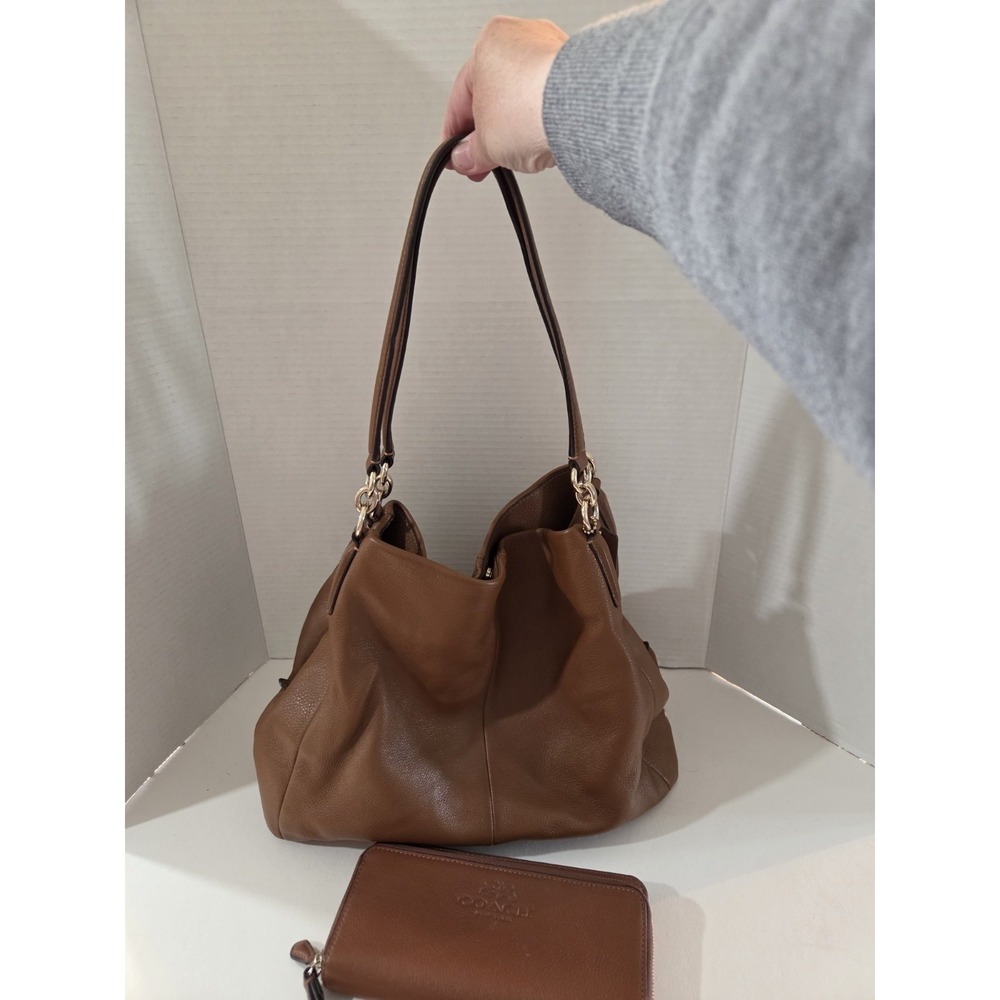 Coach Phoebe Brown Pebbled Leather Shoulder Bag With Matching Wristlet Wallet
